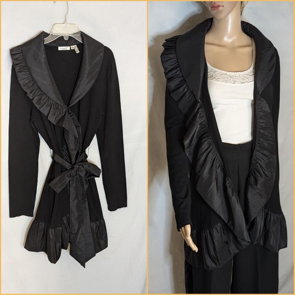 Ravel knit belted ruffled sweater jacket coat black sz M rayon nylon - Picture 4 of 9